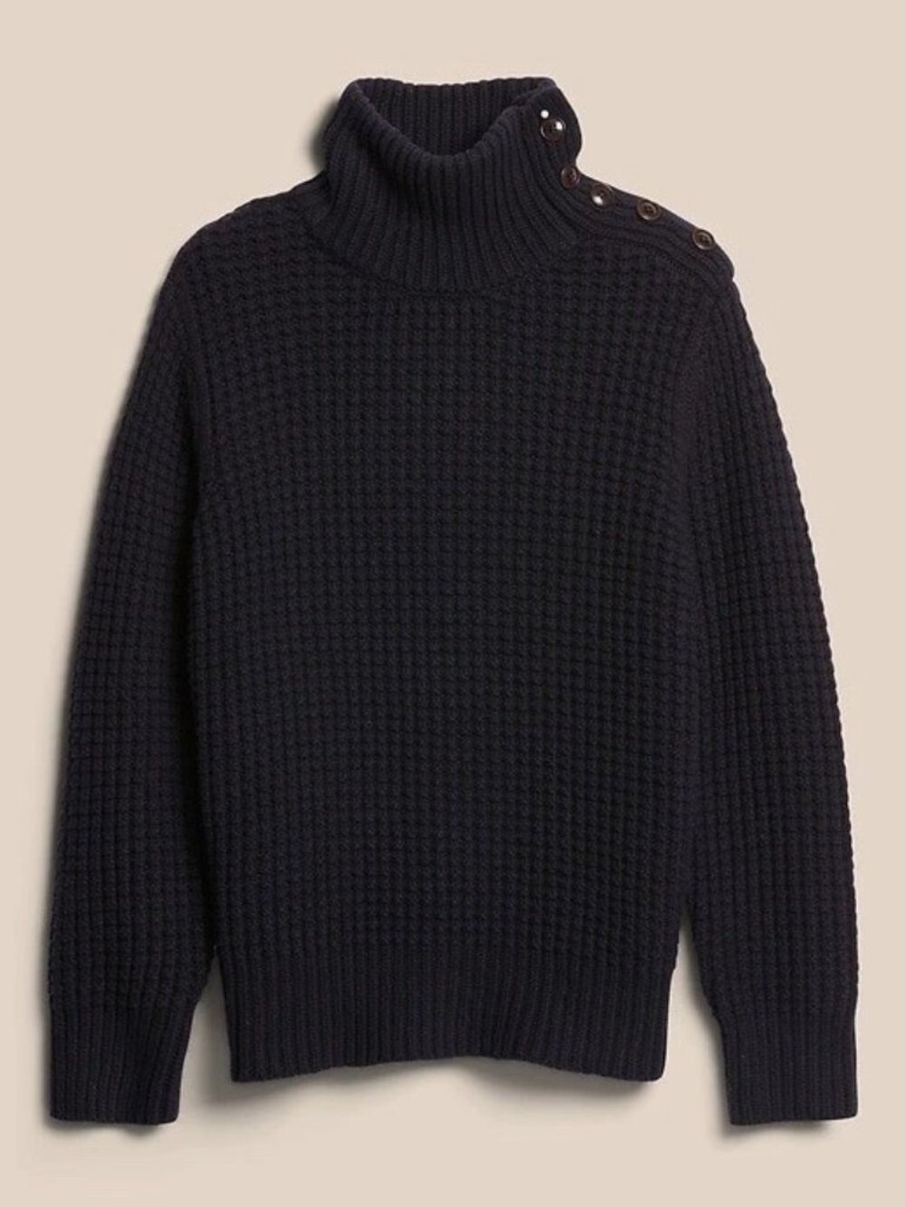 Banana Republic Chunky Knit Mock Neck Sweater Navy Wool Blend Button Shoulder M